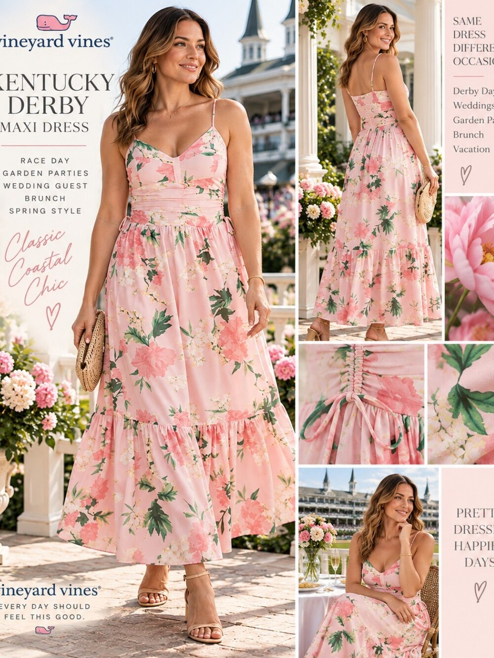 Vineyard Vines Kentucky Derby Strappy Floral Maxi Dress Pink Size 12 NWT